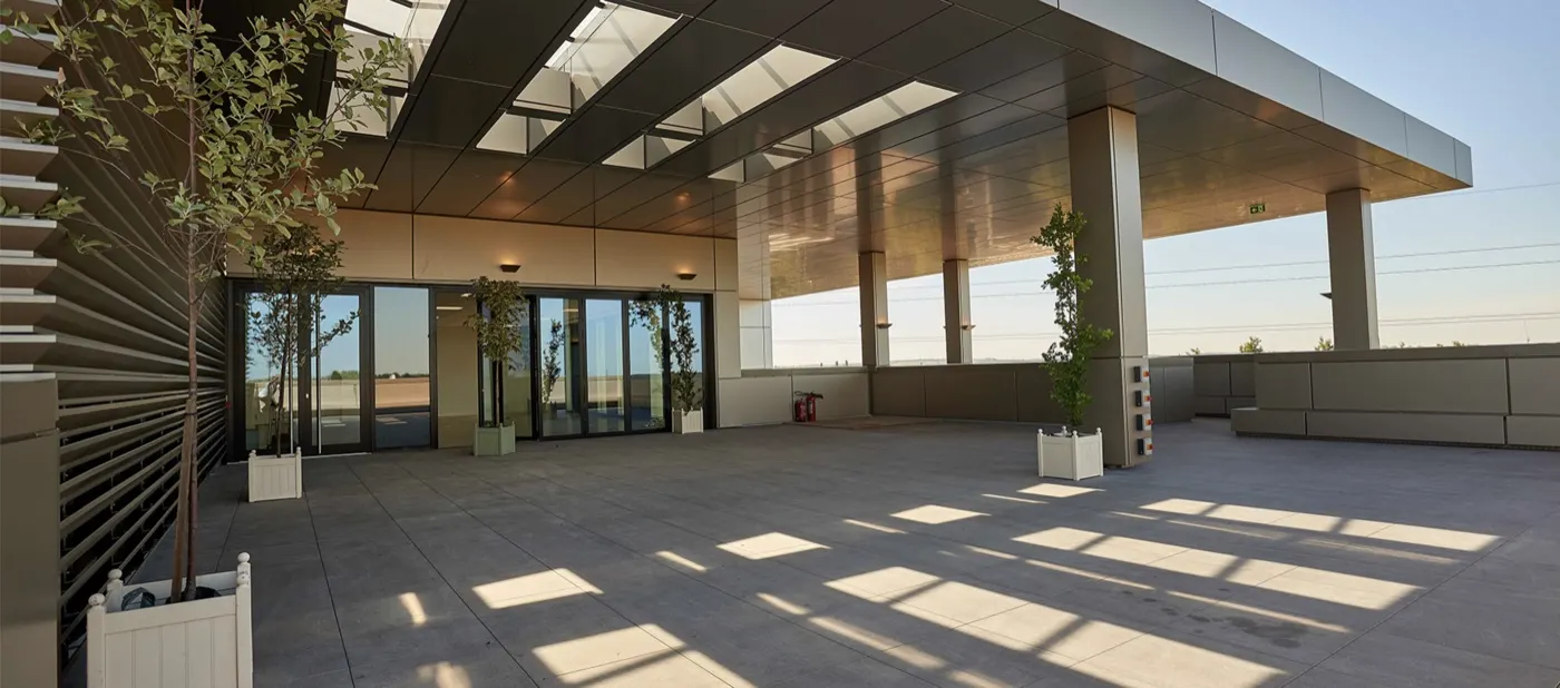 Covered roof terrace at the Maurice Wilkes Building